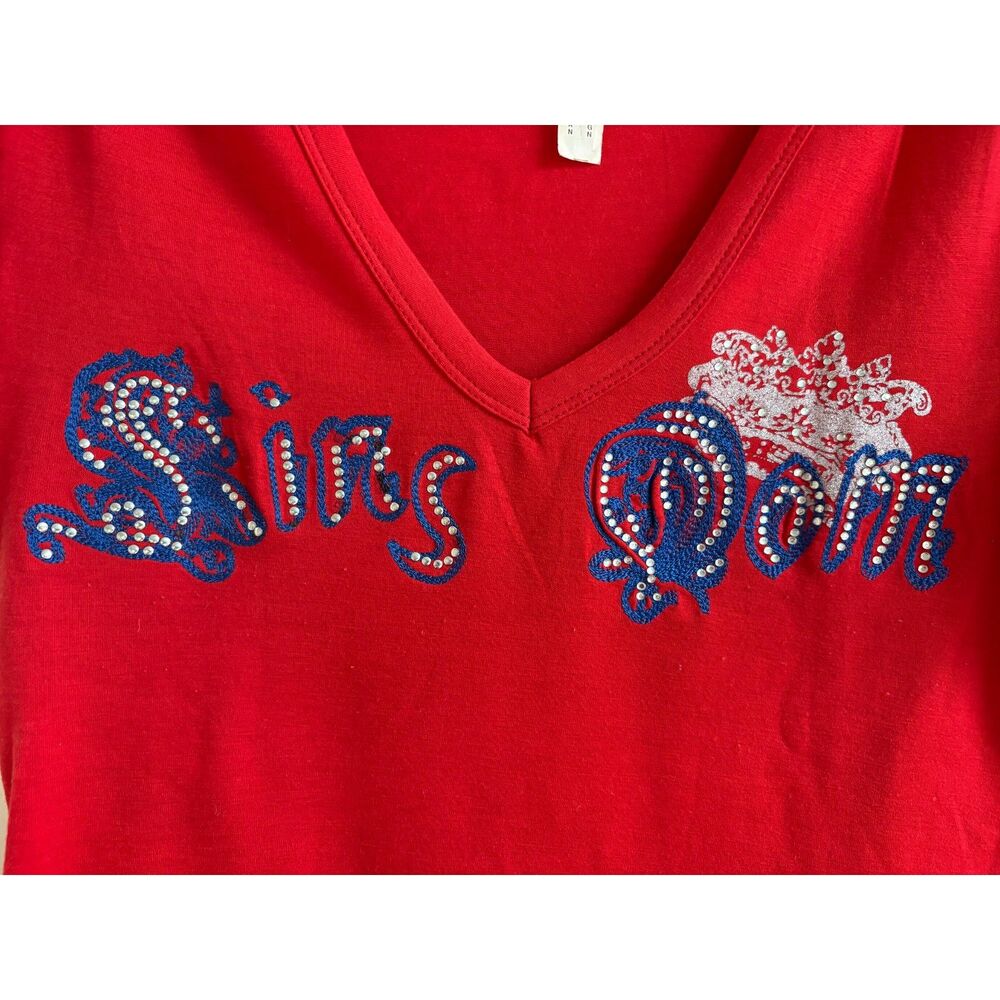 Y2K McBling Graphic Baby Tee Red Rhinestone Crown V Neck Ruffle Club Rave Lion S - Picture 5 of 9